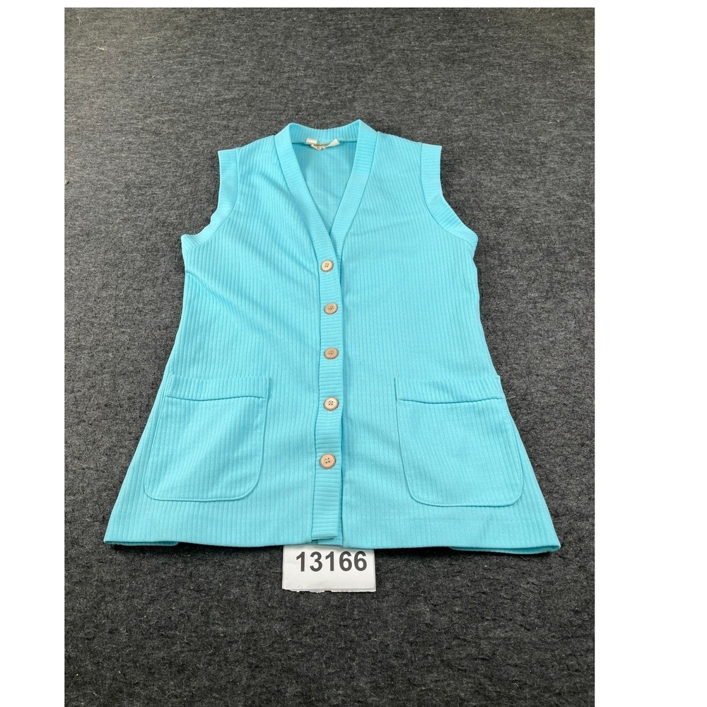 Vintage Russ Togs Cardigan Vest Womens 12 Blue Tight Knit Ribbed Trim Casual